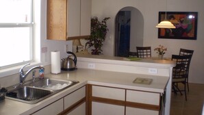 A kitchen with a sink, stove, and cabinets. There is a window, a door, and a plant on the counter.