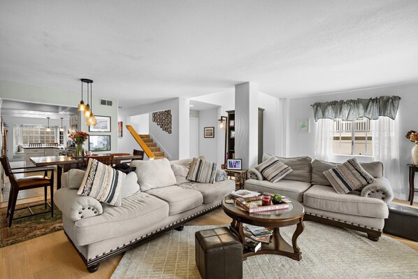 Smart TV, fireplace, books