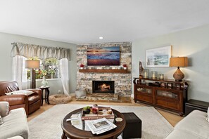 Smart TV, fireplace, books