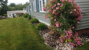 Ein Haus mit Garten, Rasen und einem kleinen Schuppen.