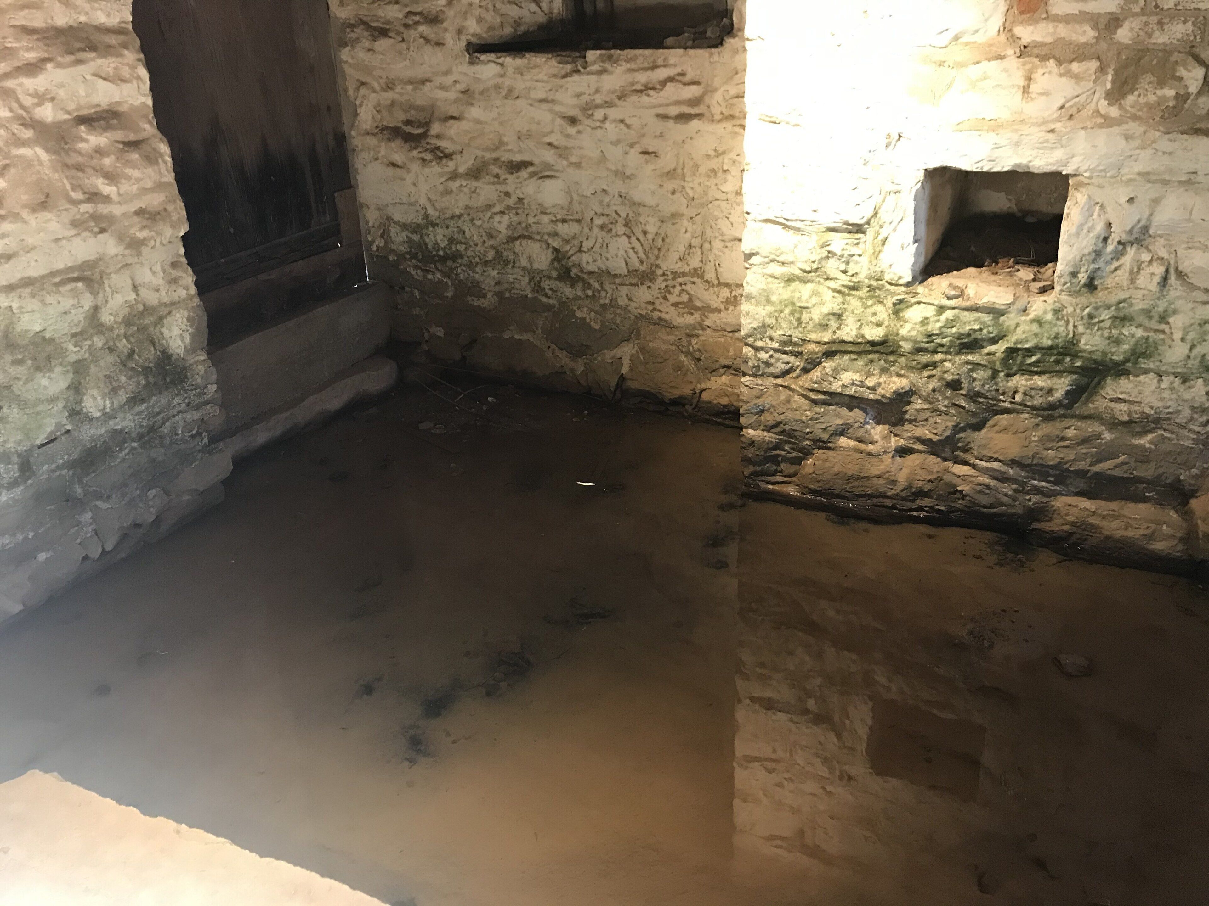 A dimly lit, narrow stone room with a wooden door and a small alcove.