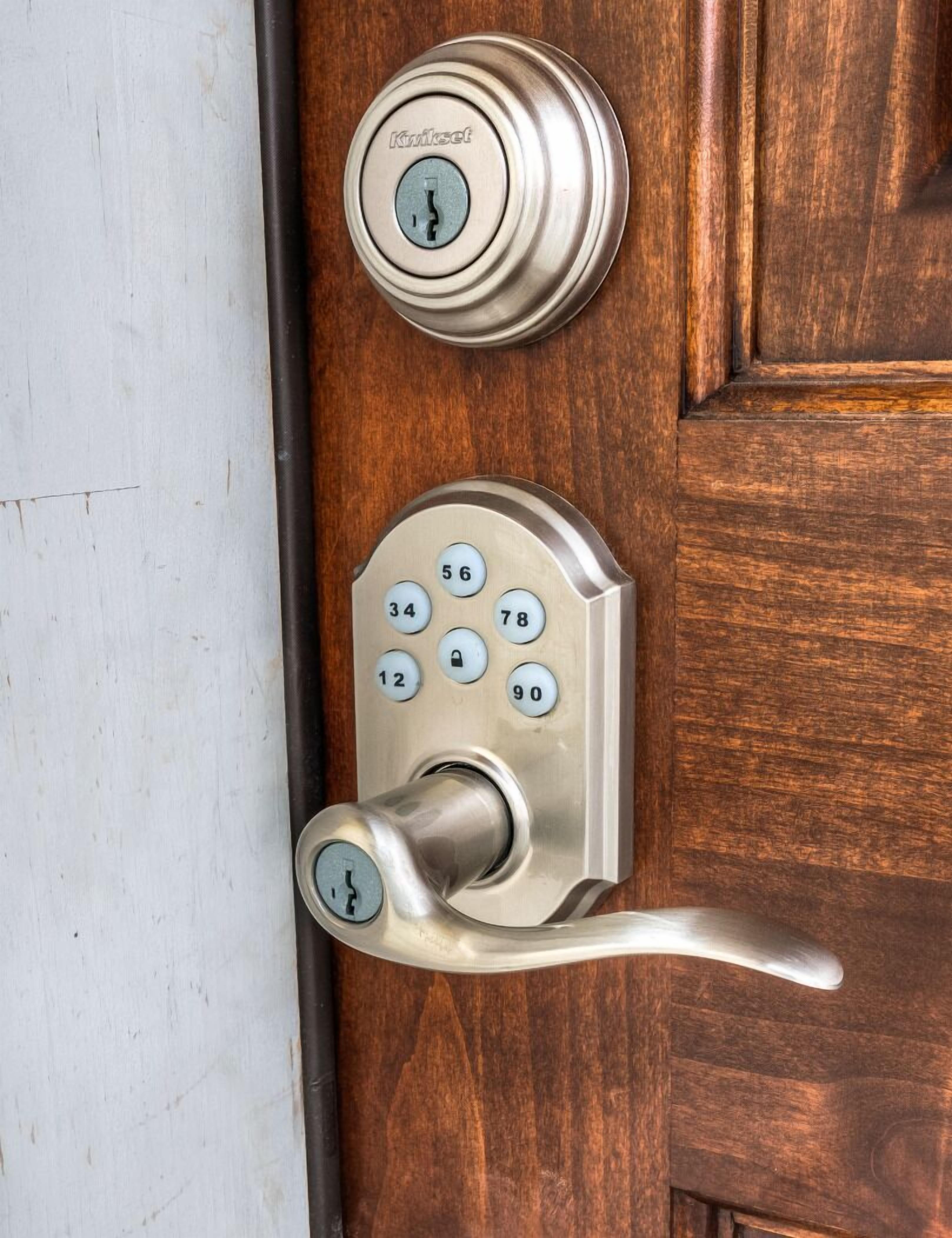 A door with a numeric keypad lock and a keyhole.