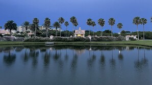 A serene lakeside view with a row of palm trees, a small building, and a distant amusement park. - Harbour Village: golf, two beds, two baths, marina, and most spectacular beach.  (Ponce Inlet)