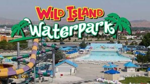 Ein Wasserpark mit großem Pool, Rutschen und Palmen.