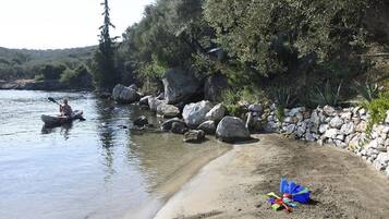 On the beach, sun loungers, beach towels