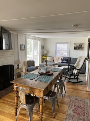 Smart TV, fireplace, DVD player, books