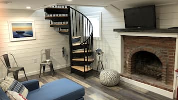 Smart TV, chimenea, reproductor de DVD, libros