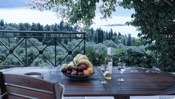 Une table en bois, sur laquelle se trouvent un saladier de fruits, une bouteille de vin et un verre, est placée sur une terrasse donnant sur un lac et une forêt.