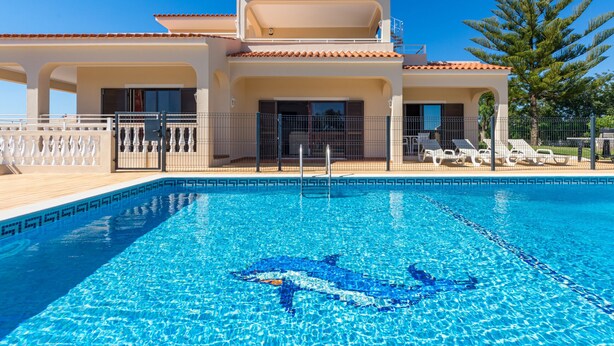 A swimming pool with a dolphin mosaic, a two-story building with balconies, and a palm tree.