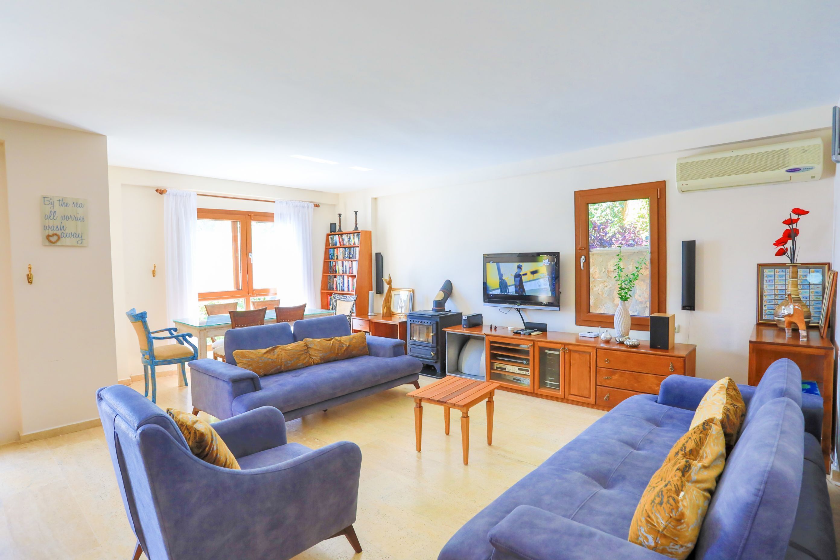 TV, caminetto, lettore DVD, libri