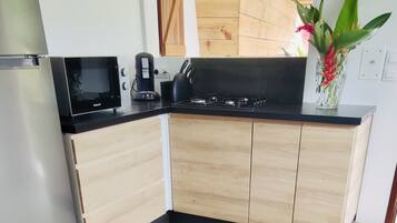 Microwave, stovetop, coffee/tea maker, electric kettle