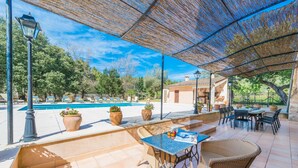 Zona exterior coberta amb piscina, mobles de vímet i plantes en testos.