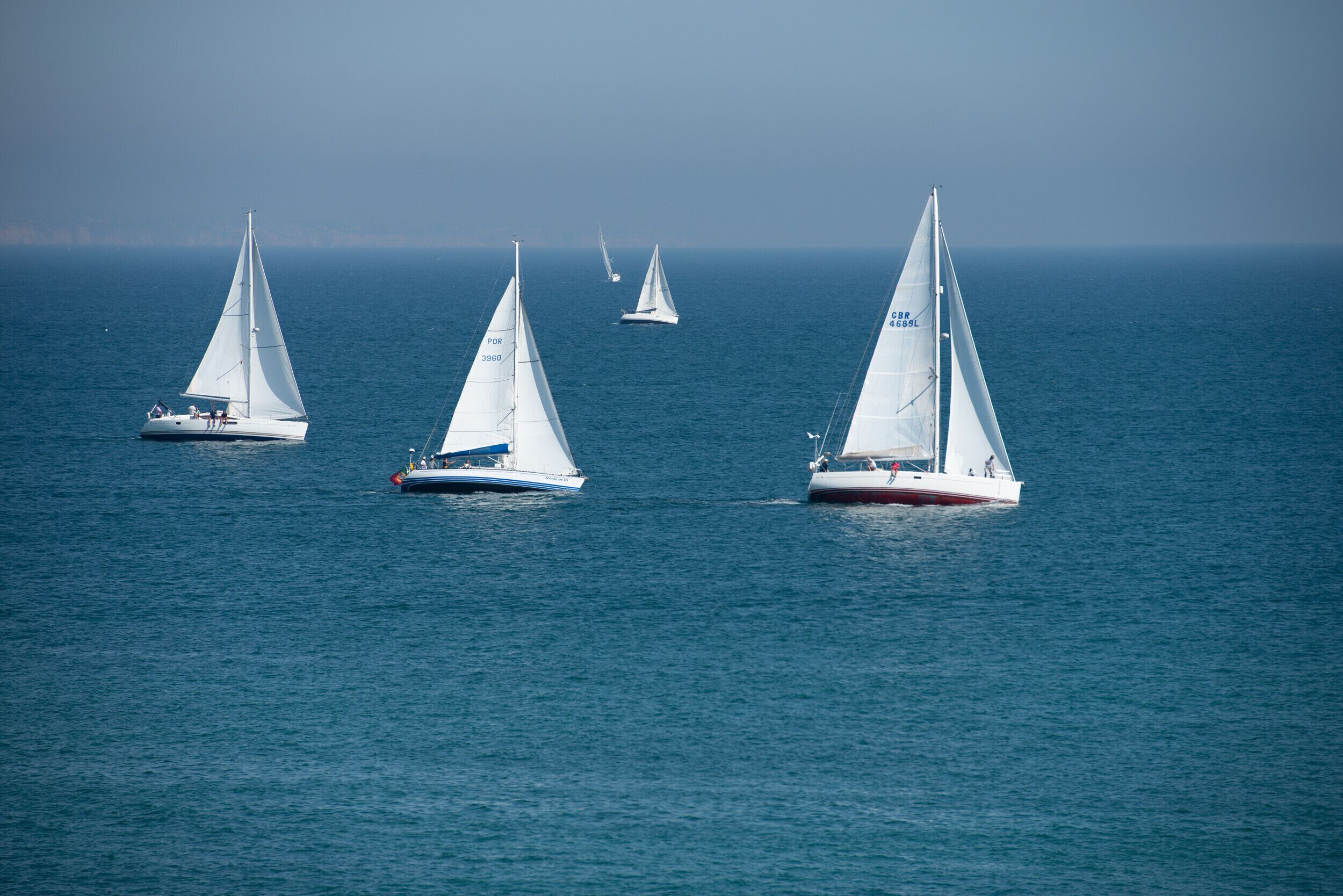 Un groupe de voiliers sur une mer calme.