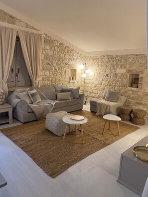 TV, fireplace, books