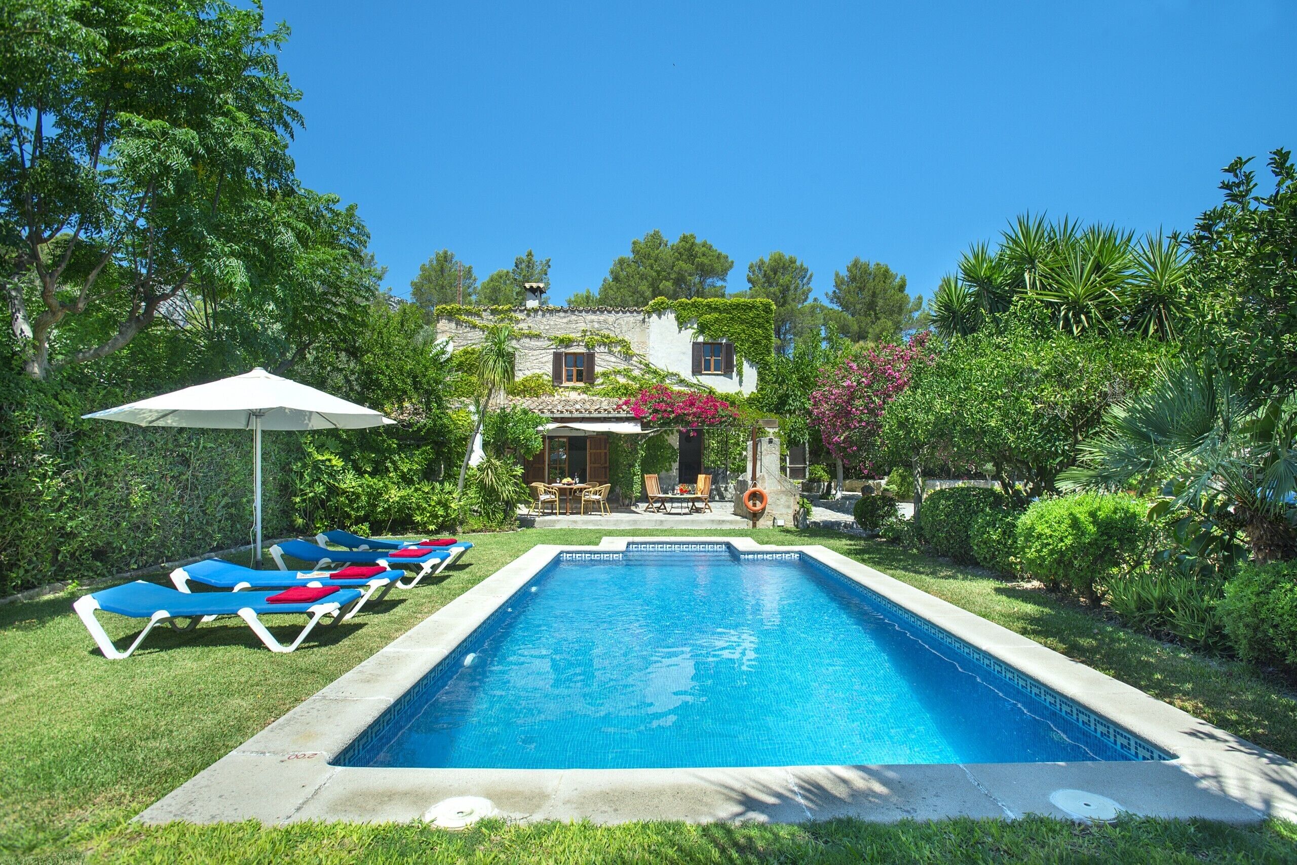 A swimming pool with lounge chairs, a patio area, and a house with a garden.
