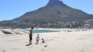 Une plage avec une montagne imposante en arrière-plan, un ciel dégagé et quelques personnes.