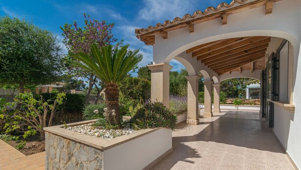Un espacio al aire libre cubierto con una pérgola, macetas de piedra y una variedad de plantas.