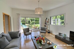 Télévision, cheminée, lecteur de DVD, livres