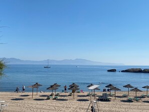 Ein Strand mit Reetdachschirmen, Liegestühlen und einem Segelboot auf dem Wasser.