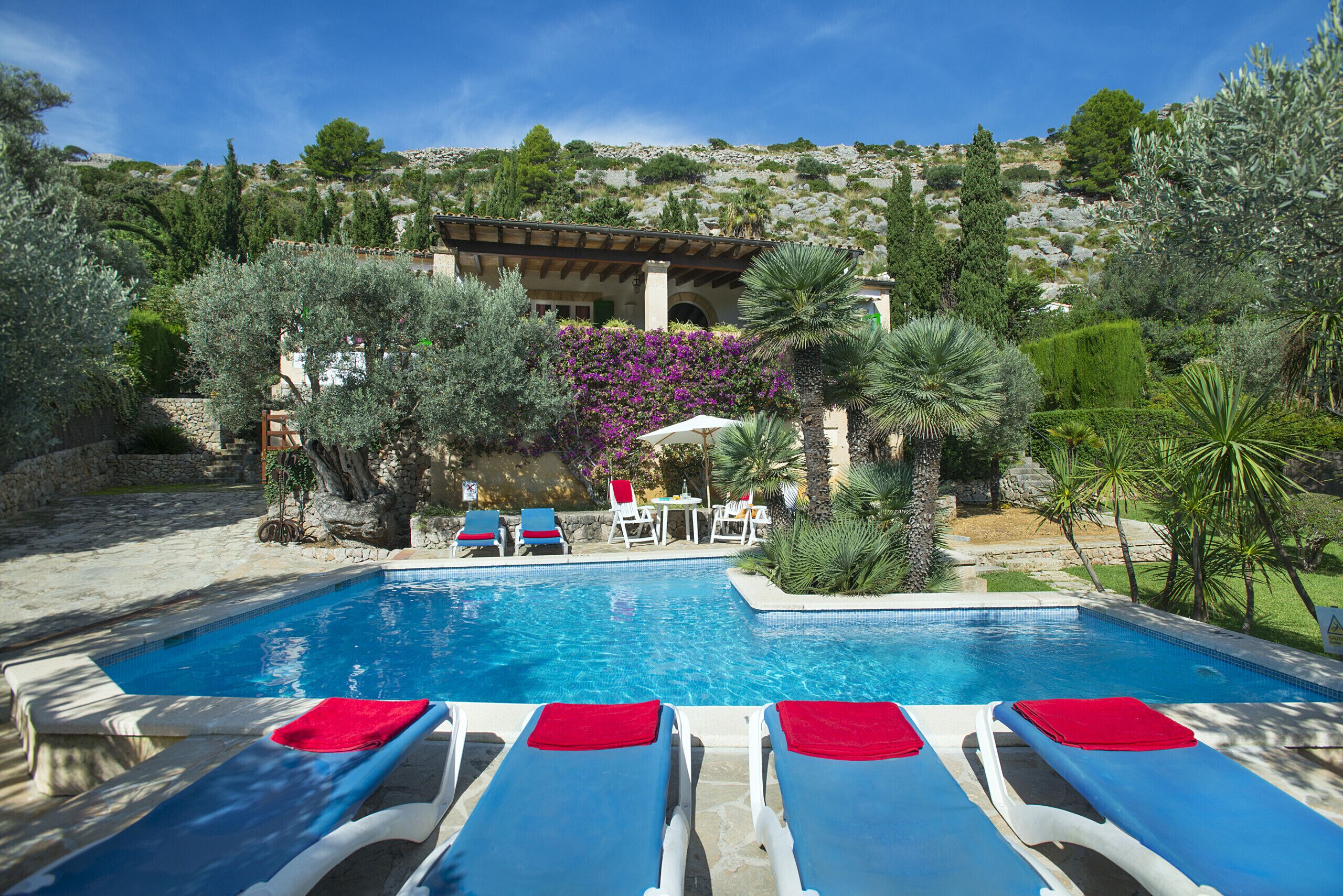 A pool area with lounge chairs and a view of a hillside.