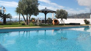 A swimming pool with clear blue water, surrounded by greenery and a white wall.