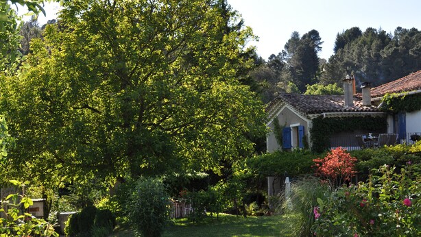 A house with a garden, a pathway, and a red-roofed building.