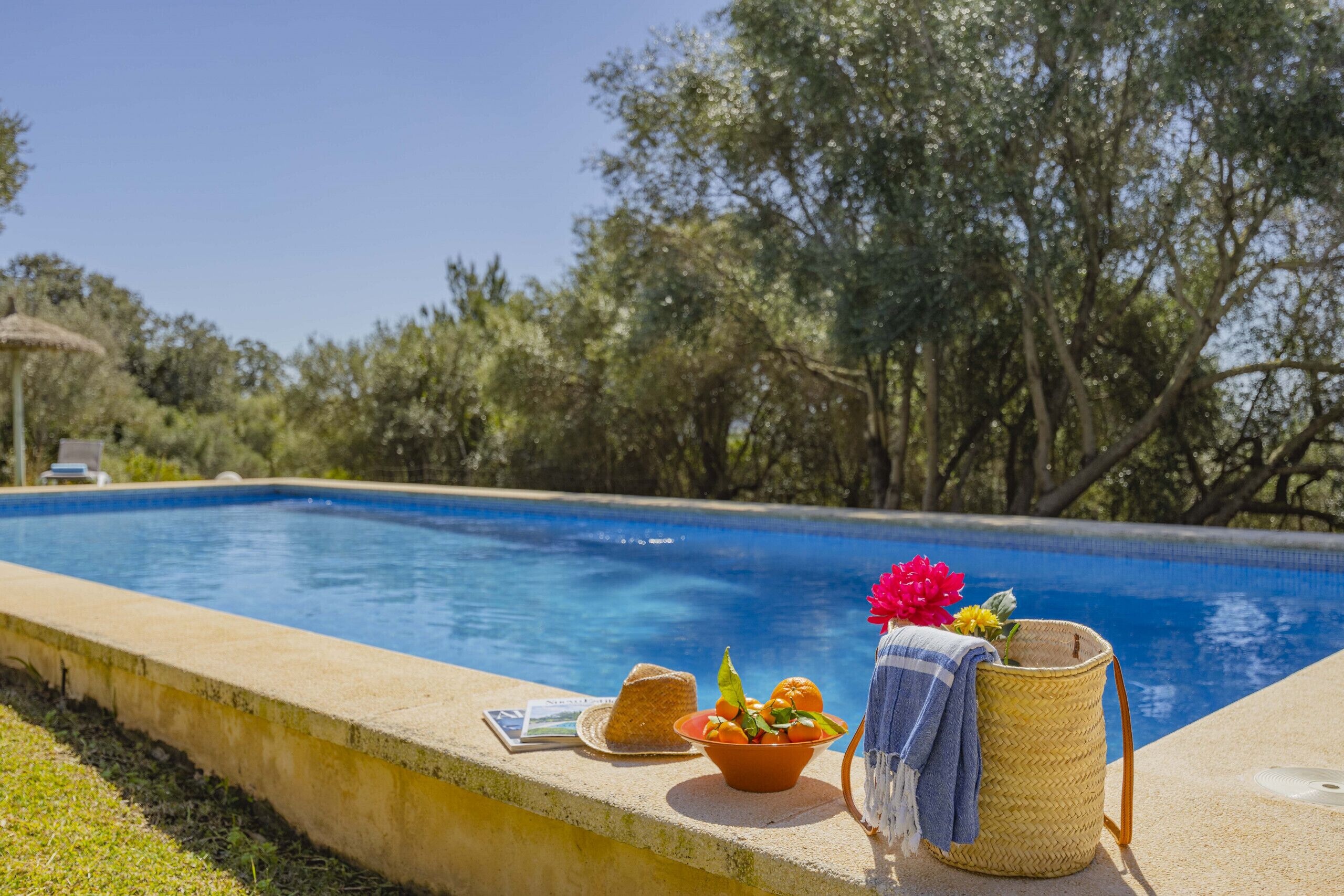 A poolside setting with a concrete edge, a basket with fruits and flowers, and a straw hat.