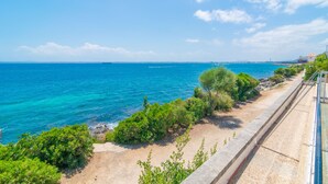 A coastal view with a sandy beach, greenery, and a clear blue sea.