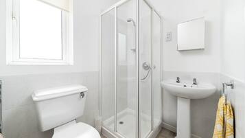 Ein modernes Badezimmer mit Toilette, einer begehbaren Glasdusche und einem Waschbecken auf Säule.