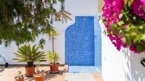 A tiled pool with a blue mosaic design, surrounded by potted plants and a white wall. - Modern villa near beach [83] (Lagos)