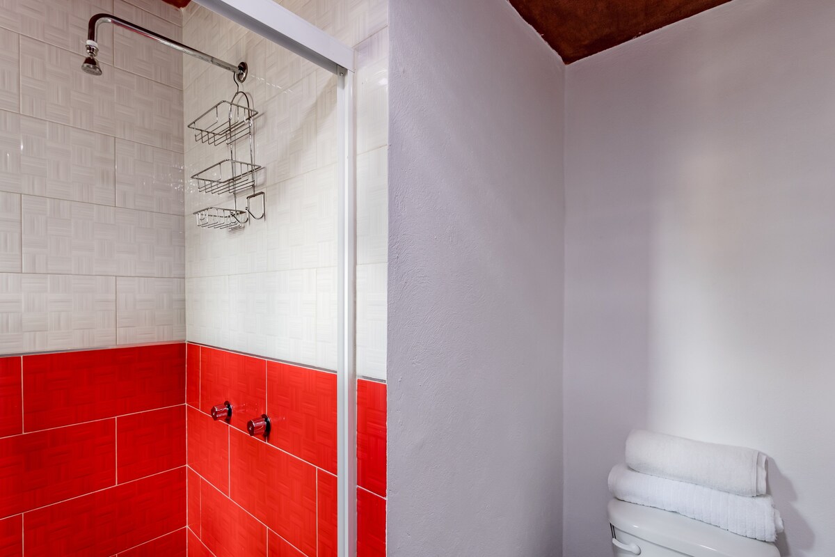 A bathroom with a shower, red and white tiled walls, a white towel rack, and a white toilet.