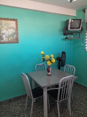 Fridge, microwave, cookware/dishes/utensils