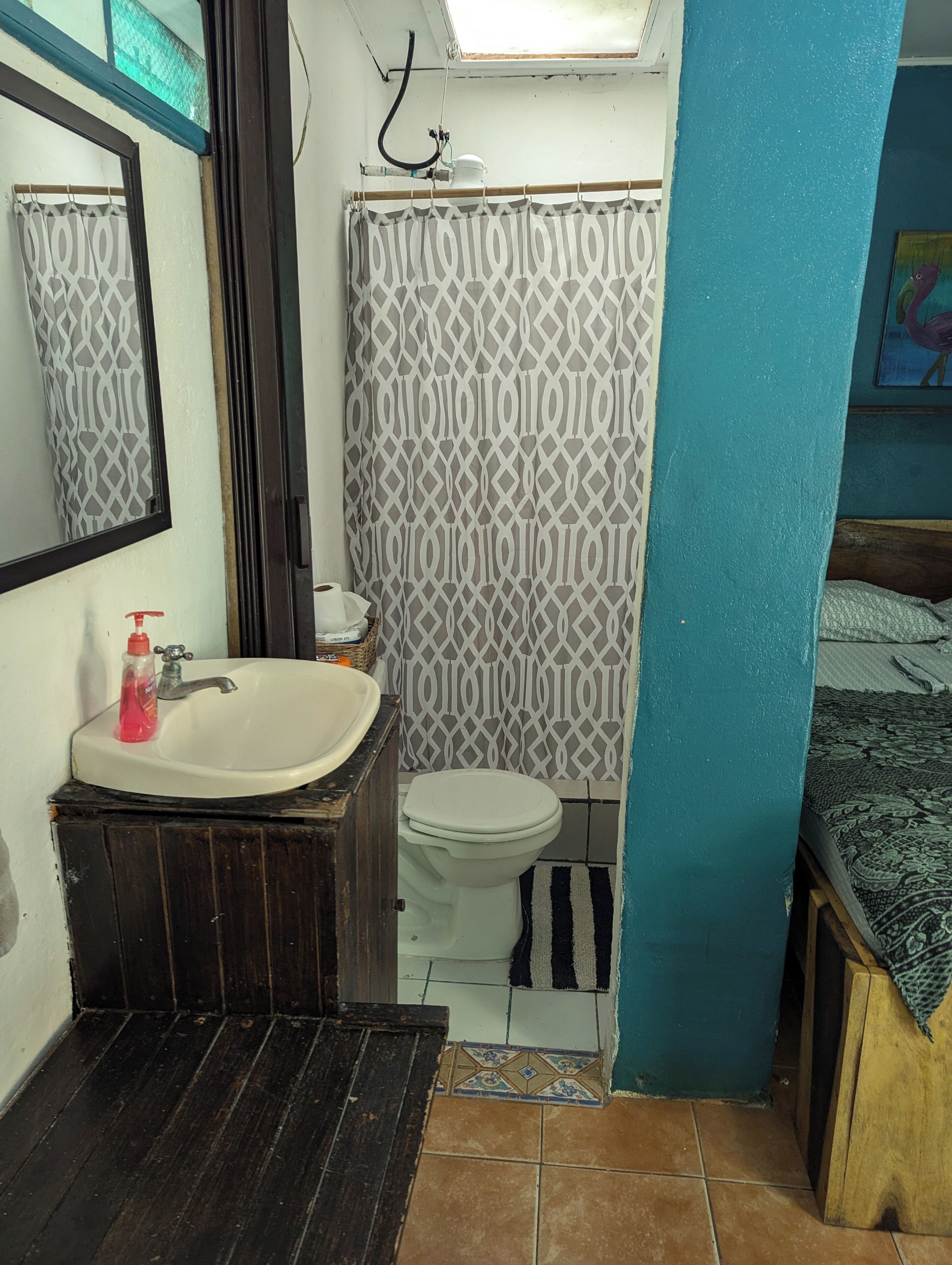 A small bathroom with a white sink, a toilet, and a shower curtain.