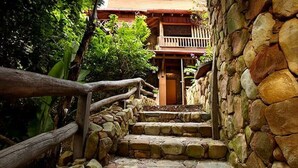 Una escalera de piedra que lleva a una puerta de madera, rodeada de abundante follaje y un muro de piedra.