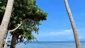Una playa con dos sillas azules, palmeras y un cielo azul despejado.
