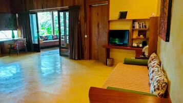 Un amplio salón con piso de madera, un sofá, un televisor y una estantería.