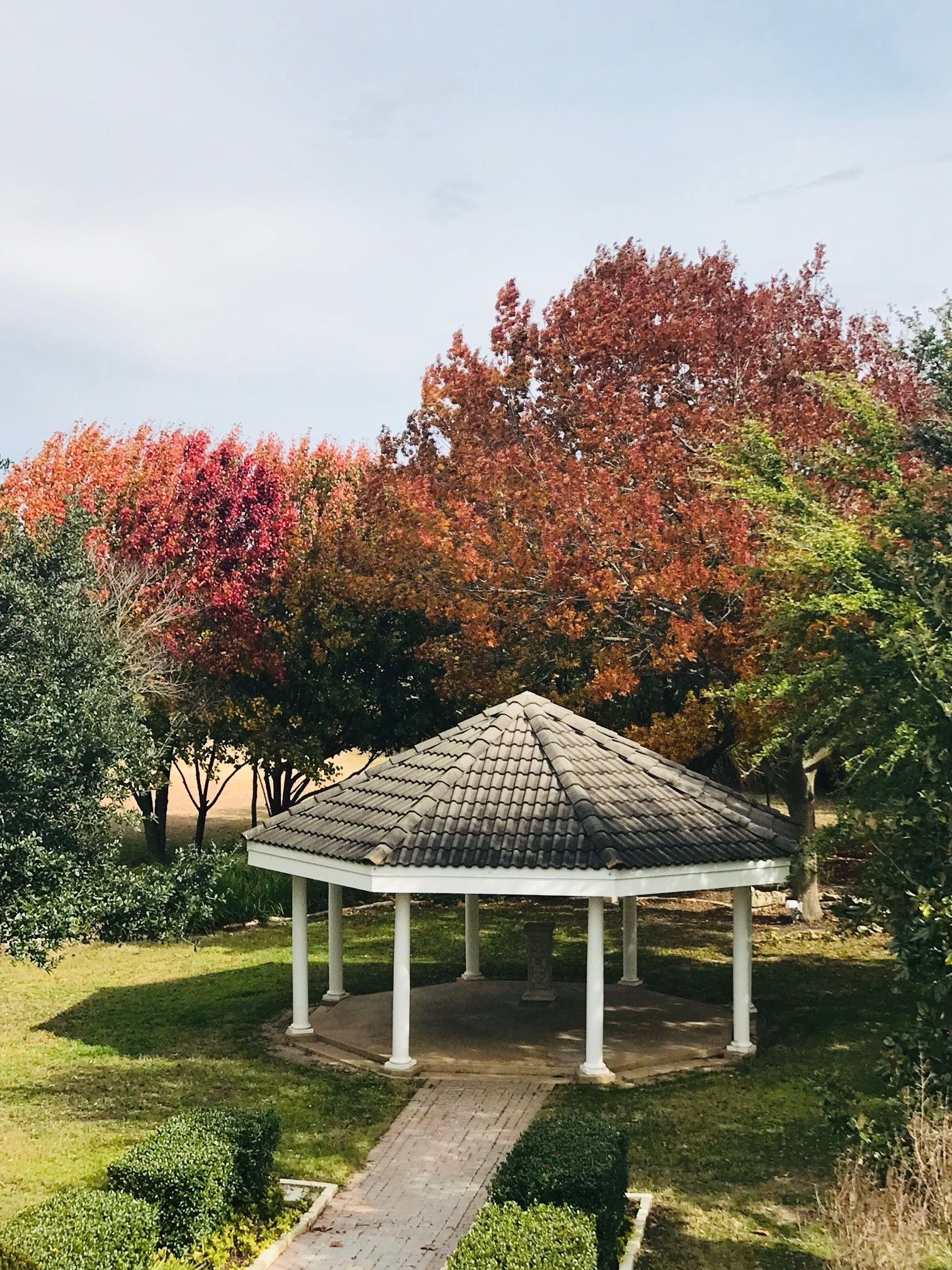 A gazebo with a tiled roof and white columns, surrounded by grass and trees with autumn foliage.