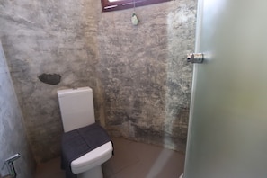 A small bathroom with a toilet, a shower, and a sink. - Leafy Greens Clay House (Chiang Mai)
