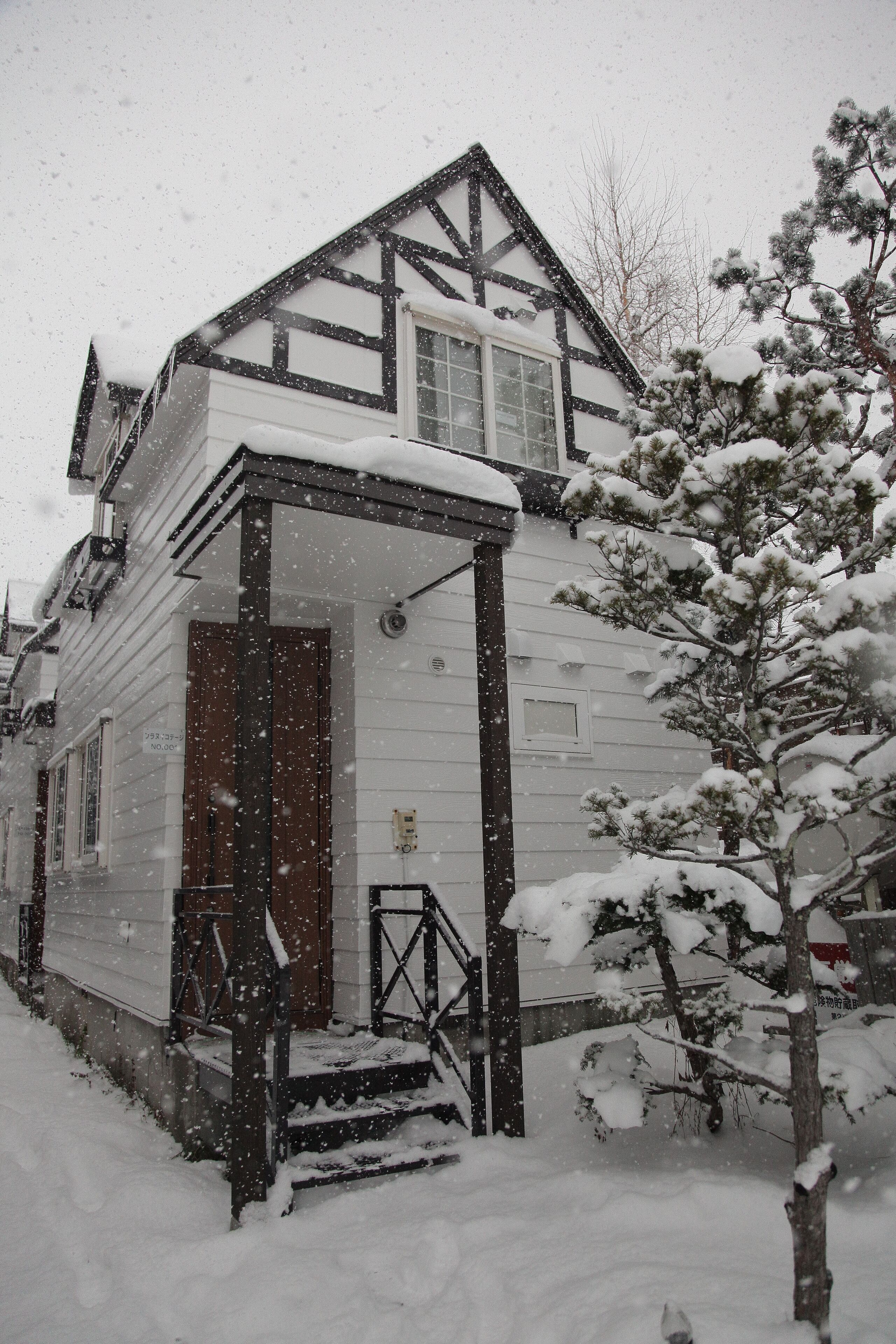 A white building with a dark roof and a visible door, surrounded by snow-covered trees.
