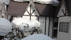 Un arbre recouvert de neige dans un quartier résidentiel, avec une maison en arrière-plan.