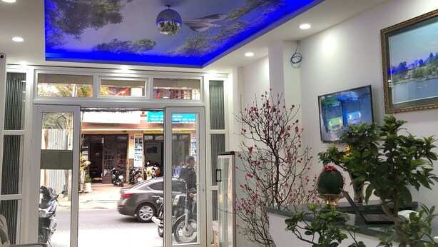 A modern interior with a ceiling mural, a disco ball, and a reception desk with a potted plant. - Van Minh Hotel (Xuan Huong - Da Lat)