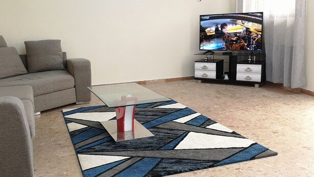 Un salon avec un canapé gris, une table basse en verre, un tapis à motifs, un téléviseur posé sur un meuble et une petite armoire blanche.