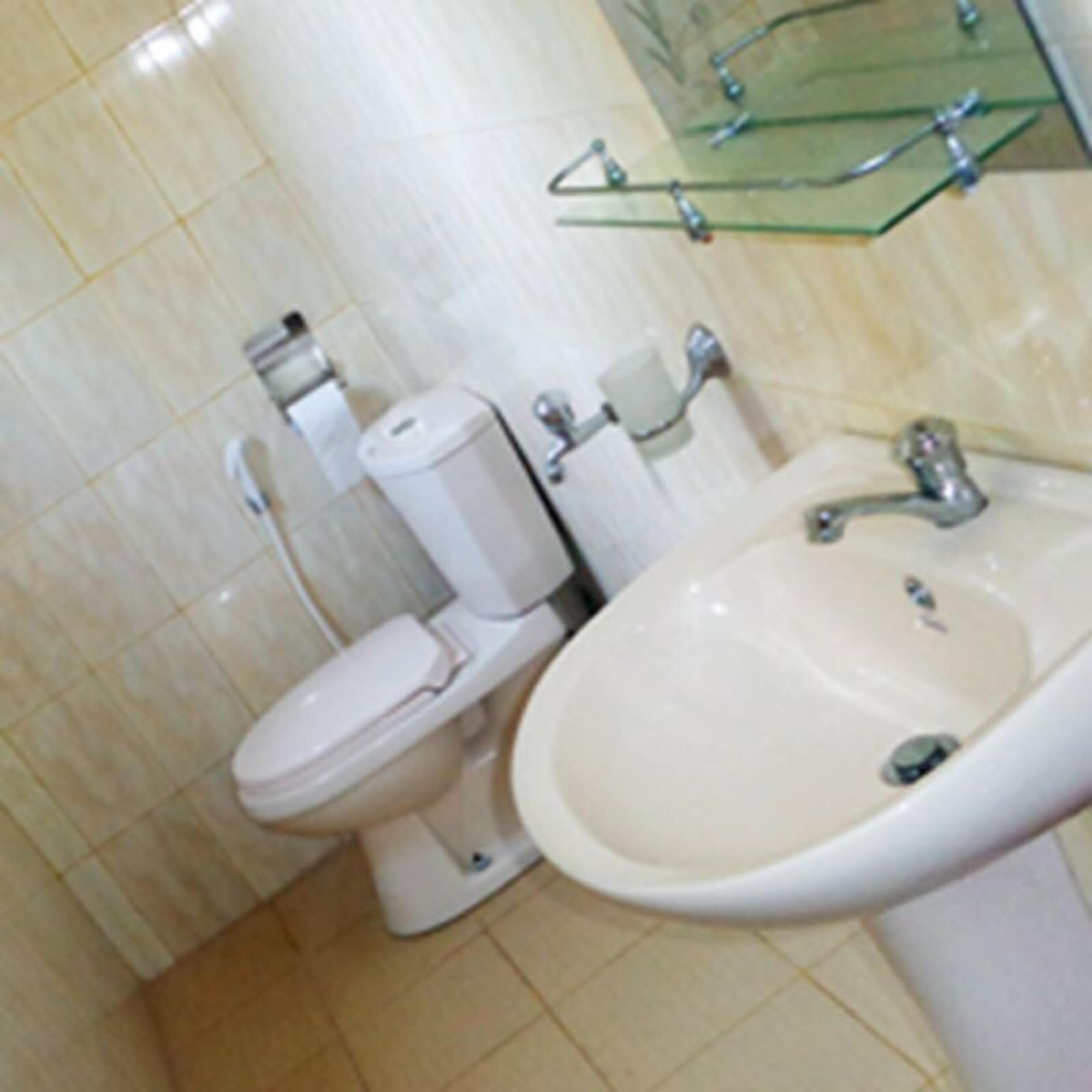 A bathroom with a toilet, bidet, and sink.