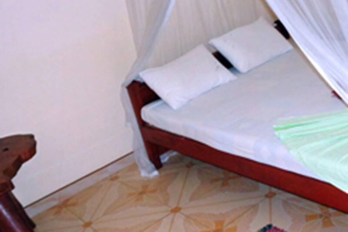 A single bed with a canopy, a wooden nightstand, and a patterned floor.