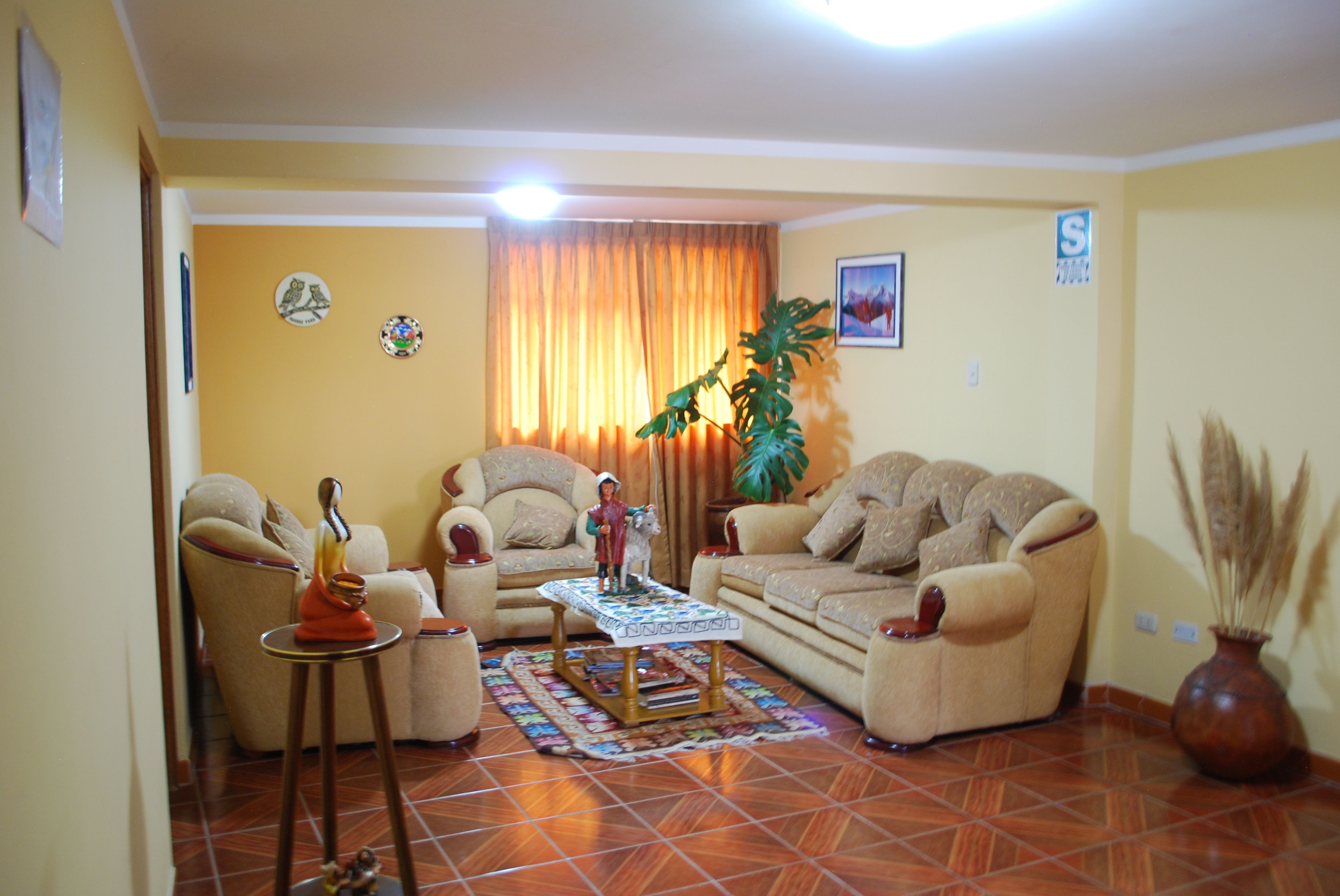 A living room with two sofas, a coffee table, and a rug. There is a plant and a vase on the right side.