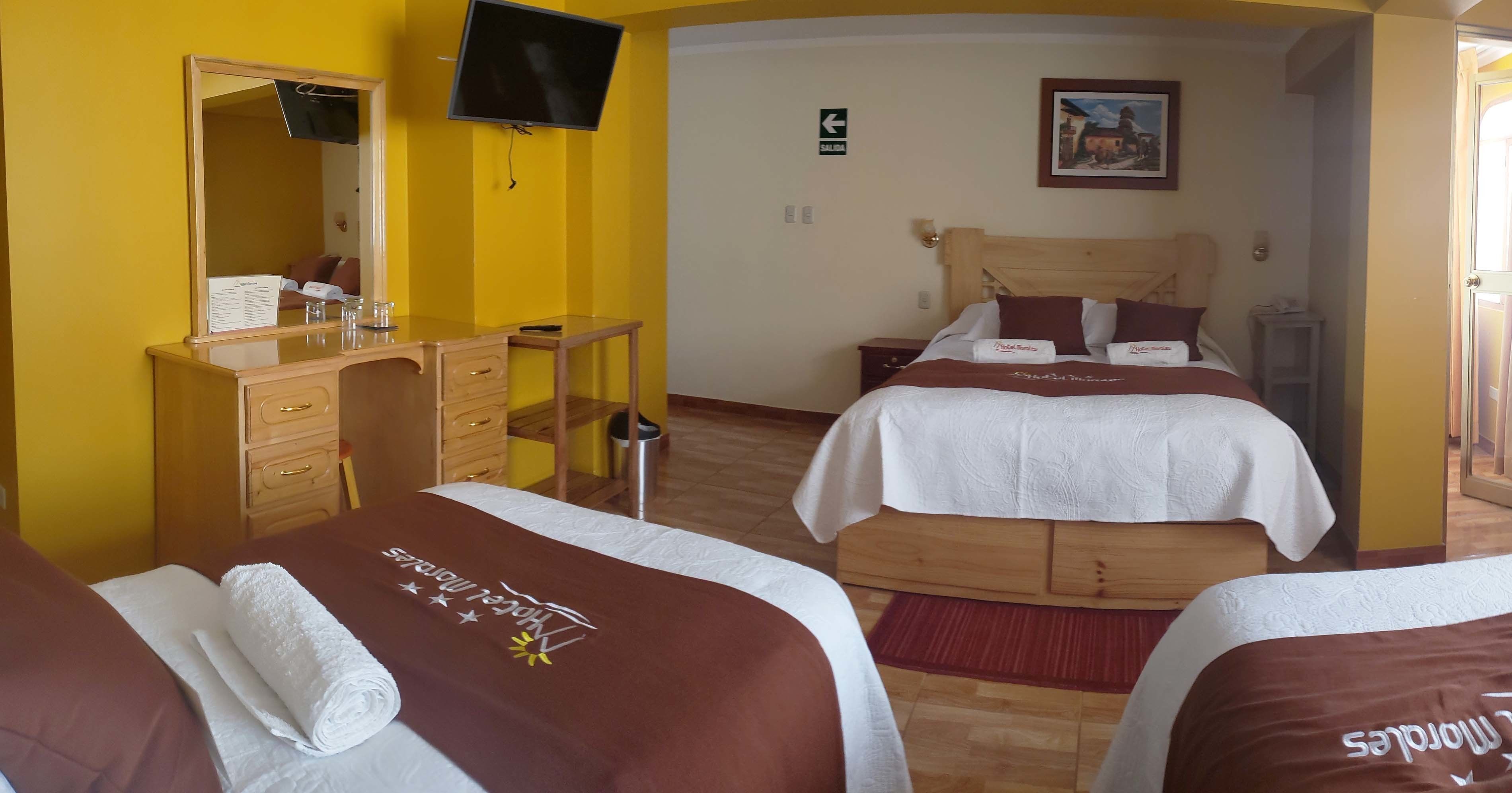 Ein Hotelzimmer mit zwei Betten, einem Schreibtisch, einem Spiegel, einem Fernseher und einem Gemälde an der Wand.