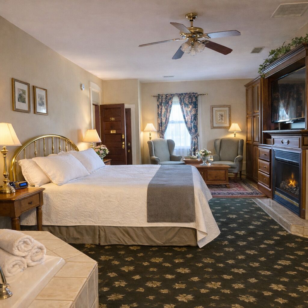 A hotel room with a bed, two chairs, a television, a fireplace, and a ceiling fan.