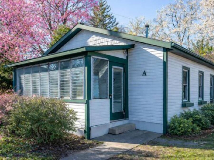 A small, single-story house with a green door and windows, surrounded by blooming trees.