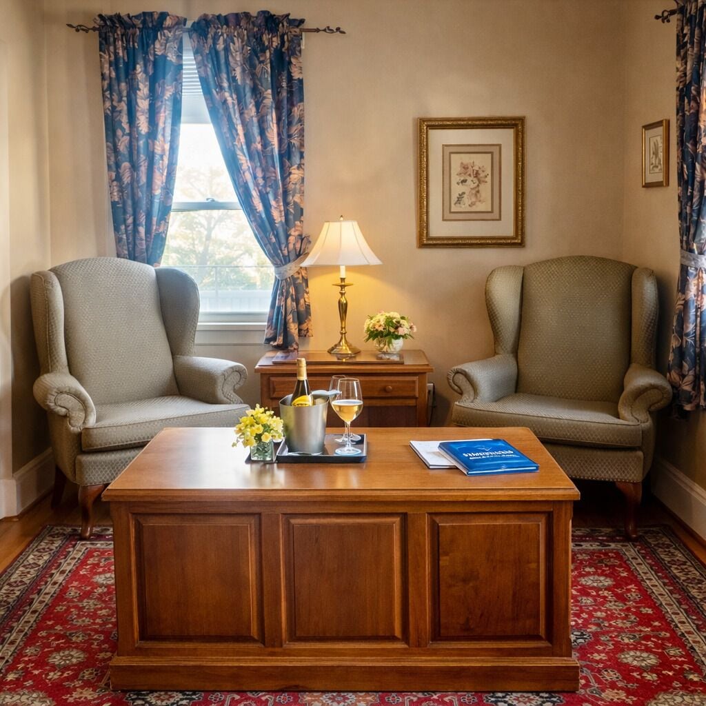 A room with two armchairs, a wooden coffee table with a vase of flowers, a lamp, and a framed picture on the wall.