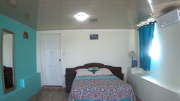 Een slaapkamer met een bed, een deur, een spiegel en een raam met gordijnen.